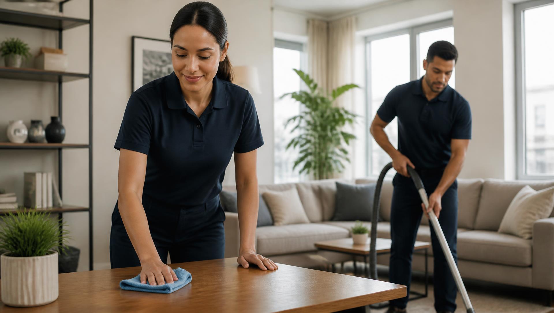 A two-person residential cleaning crew working together in a bright modern living room