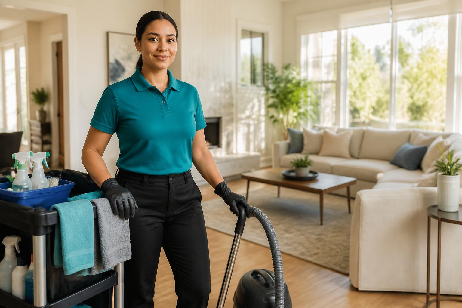 A confident cleaning professional standing with equipment in a bright home