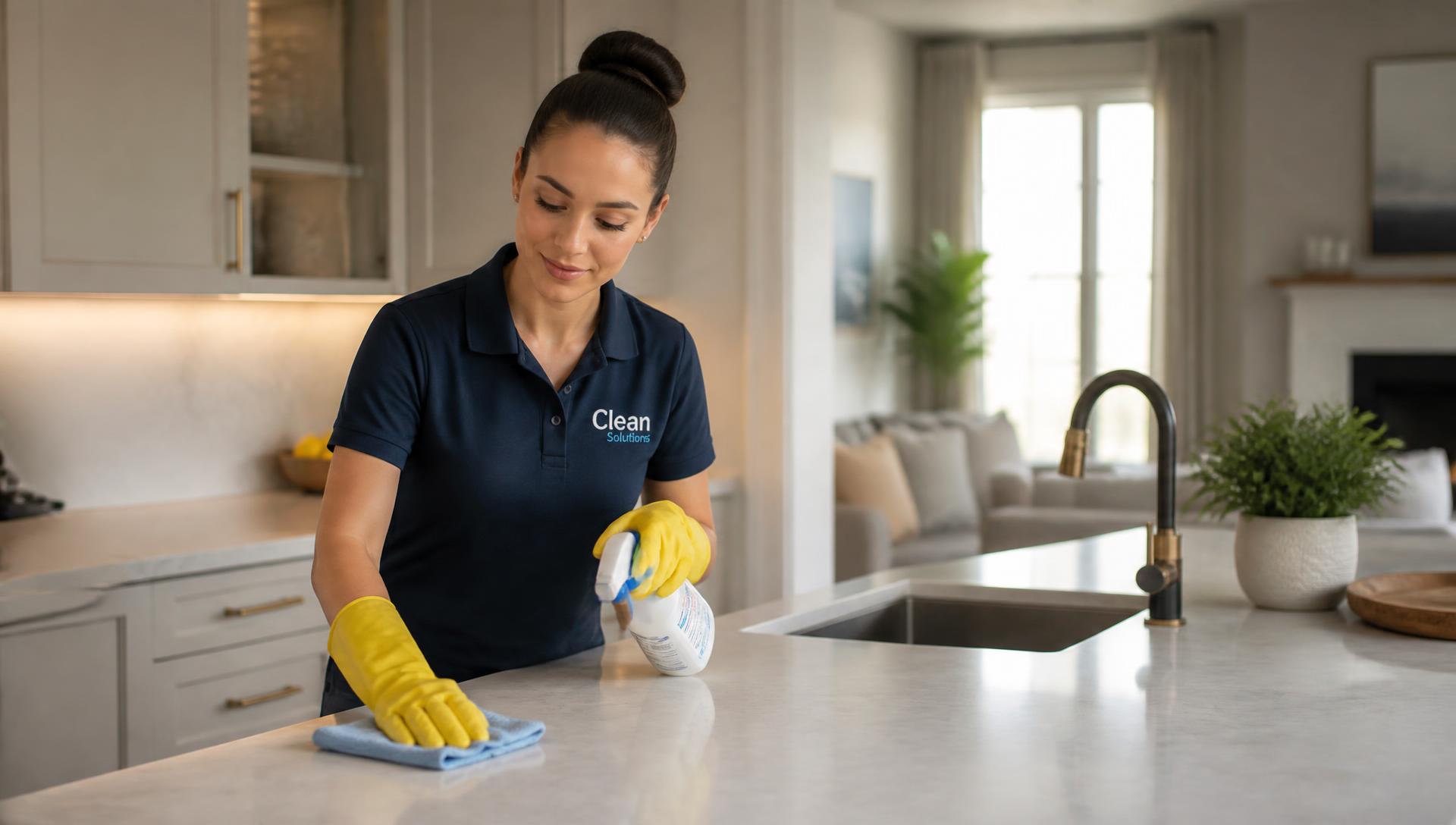 A professional cleaner wiping down a kitchen counter in a bright home