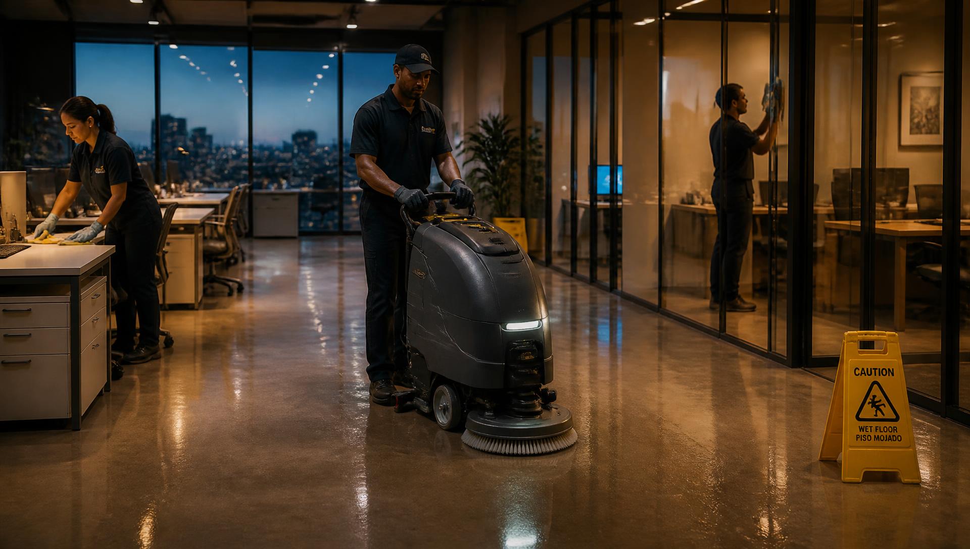A janitorial crew running a floor scrubber through a modern office at dusk