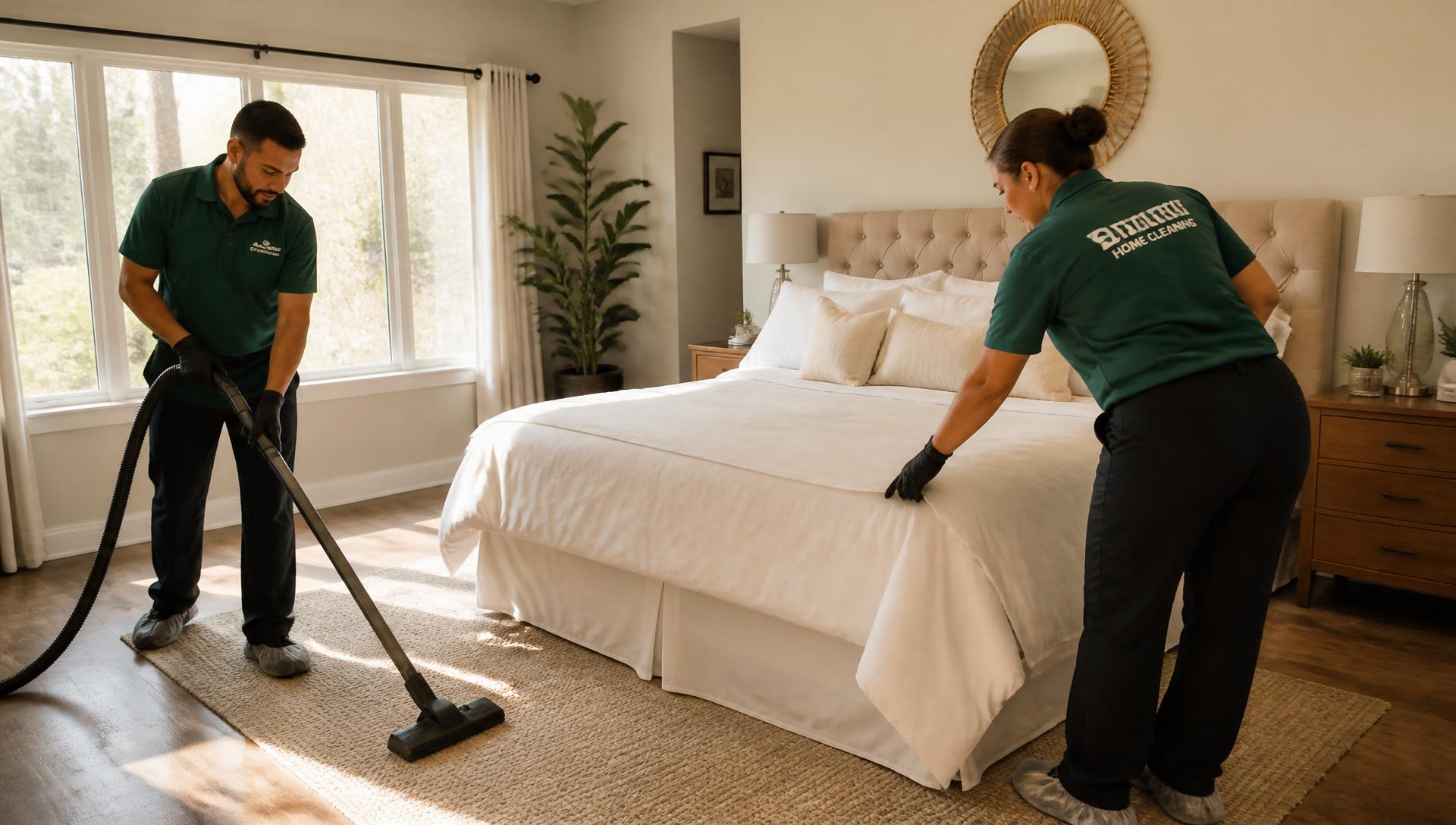 A two-person residential cleaning crew working together in a sunlit bedroom